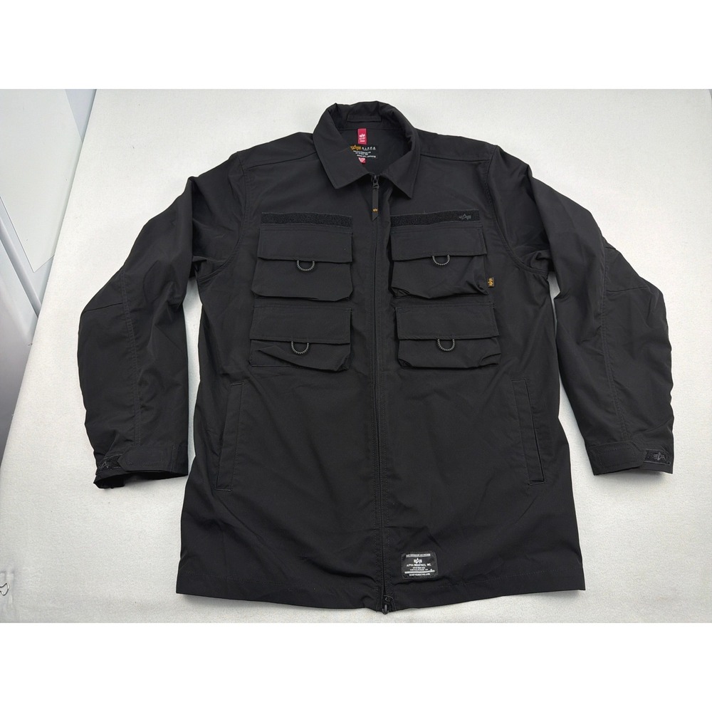 Alpha Industries Mens Full Zip Nylon Cargo Tactical Field Shirt Jacket Black 2XL